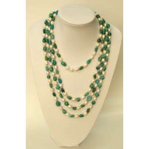   Pearl Necklace w/ Genuine Turquoise in 100 Inch Long 