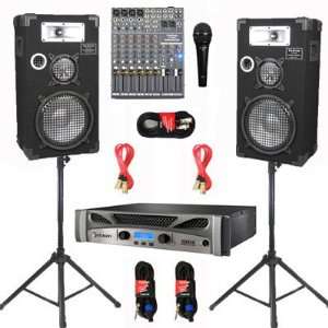   10 Speakers, Mixer, Mic, Stands and Cables DJ Set New CROWNE1025SET5
