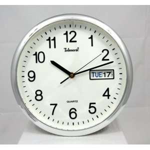   : Telesonic 12 Wall Clock with Day & Date in Silver: Home & Kitchen