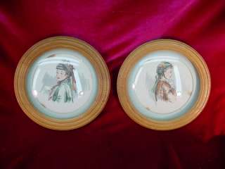 Pair 1930s ROUND VICTORIAN FASHION PRINTS Hand Painted Framed UNDER 