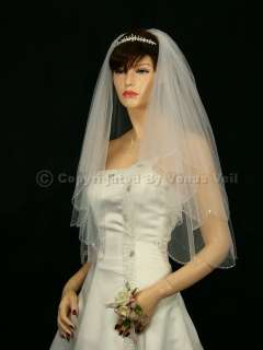 2T Ivory Bridal Teardrop AB Crystal Beaded Scallop Veil  