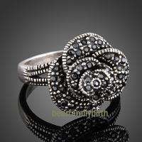 Stylish black enamal stones flower ring 1704 size 7  