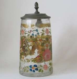 Early German Glass Beer Stein   Cold Paint circa 1840s  