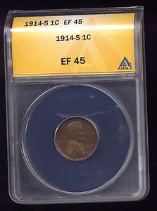 1914 S ~~ EF 45 ANACS Extra Fine XF ~~ Lincoln Cent (250)  