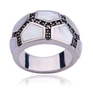  Sterling Silver Marcasite and Mother of Pearl Inlay Ring 
