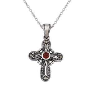   Silver Garnet and Marcasite Cross Pendant Necklace, 18 Jewelry