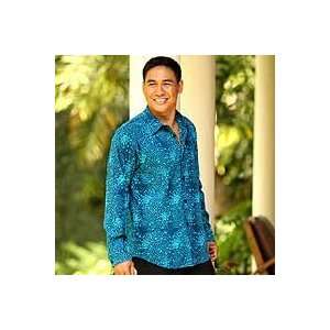 NOVICA Mens cotton batik shirt, Turquoise Cosmos Home 