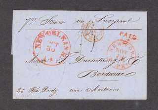 1854 Stampless FL New Orleans Bordeaux France Via NY, GB  