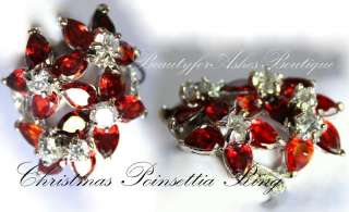 CHRISTMAS HOLIDAY POINSETTIA FLORAL FLOWER RUBY RED GARNET CLEAR CZ 