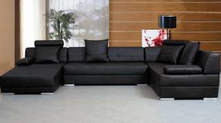 Italian Leather Living Room Sectional Sofa Black  