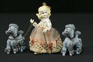 Girl w/ Blue Spaghetti Poodles Dogs On Chains Vintage Japan Made 