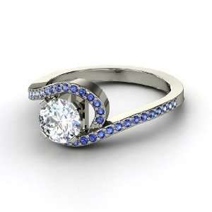  Wave Ring, Round Diamond 14K White Gold Ring with Sapphire 