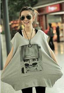   Fashion Glasses Woman Printed Plus Size Bat wing T shirt Grey i2700532