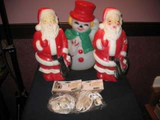 Vintage Empire Blowmolds Lights~2 Santas W/Toy Sacks Frosty Snowman 