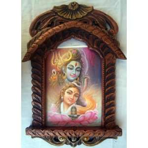 Lord Shiva & Maa parvati in Lotus Flower poster painting in Wood Craft 