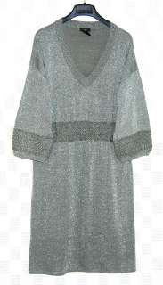   Sparkly Silver Pewter Metallic Dress Wide Embroidered Trim L/XL NWOT