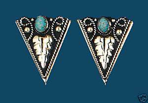 Western Collar Tips   Silver Black with Turquoise Stone  