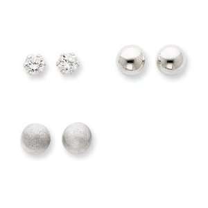  Sterling Silver Polished Brushed Bead and CZ Set Earrings 