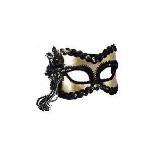 com Mardi Gras Venetian Masquerade Black and Gold Feathered Half Mask 