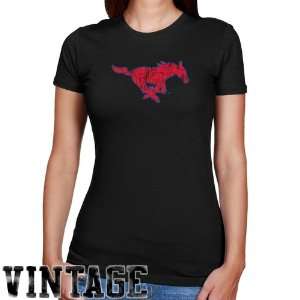  SMU Mustangs Ladies Black Distressed Logo Vintage Slim Fit 