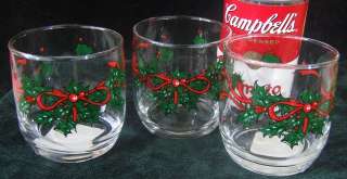 Three ANCHOR HOCKING   CHRISTMAS TUMBLER or GLASS   HOLLY   1990AHC 