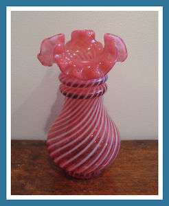 Cranberry Opalescent Swirl Spiral Glass Vase  