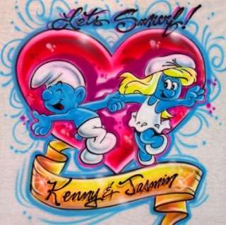  Airbrush Smurfette T Shirt Heart & Names Airbrush Love Design  