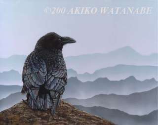 Akiko ORIGINAL 11 x 14 Painting Art of a Crow Raven and Mountains 