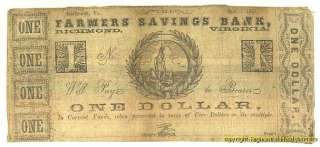 CIVIL WAR FARMERS SAVINGS BANK ONE DOLLAR RICHMOND VA OCT. 1, 1861 