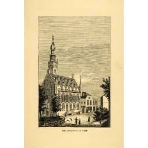  1880 Wood Engraving Veere Stadhuis Onion Dome Architecture 