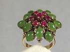 MASSIVE FLOWER OF RUBIES WITH JADE PETALS 18KT SOLID YELLOW GOLD SZ 