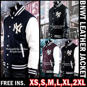 NY Varsity Baseball Letterman Wool & Leather Jacket Navy & Ivory US Sz 