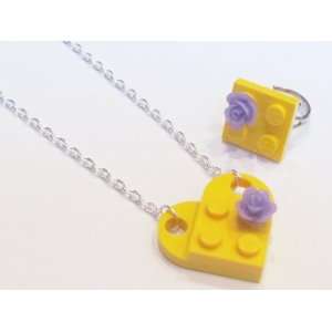   Upcycled LEGO Heart Necklace with Purple Rose and Ring Set Jewelry