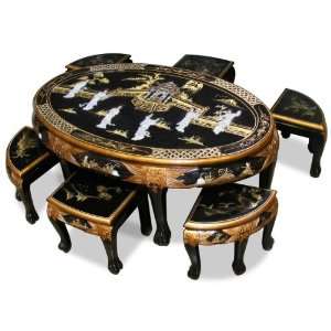 Asian Cocktail Table with 6 Stools   Black Lacquer Mother of Pearl 