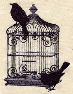 RAVEN BLACK BIRD AND CAGE   2 EMBROIDERED HAND TOWELS by Susan  