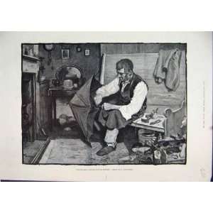  1884 Man Smoking Pipe Fixing Umbrella New Year Print: Home 