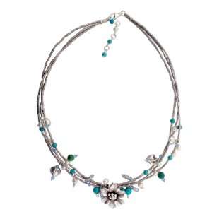   , Satin Finish, Multigemstone Floral & Charm Bead Necklace Jewelry