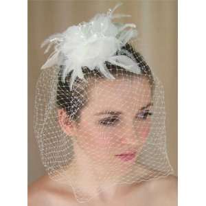  Cage Veil with Feathers and Silk Flower Accent   White or 