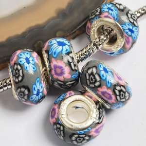  #7009 Grey, Blue & Pink Polymer Clay Bead 925 silver core 