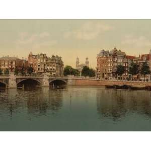: Vintage Travel Poster   Blue bridge and the Amstel River Amsterdam 