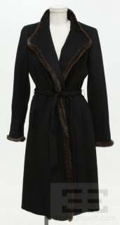 Ellen Tracy Black Wool & Brown Mink Fur Trimmed Belted Coat  