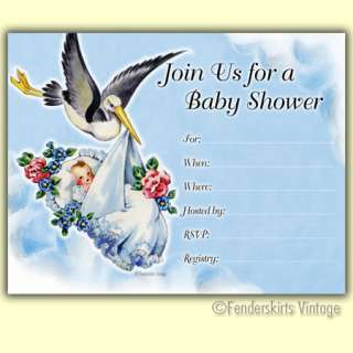 Vintage Retro 50s Baby Stork Shower Invitations Invite  