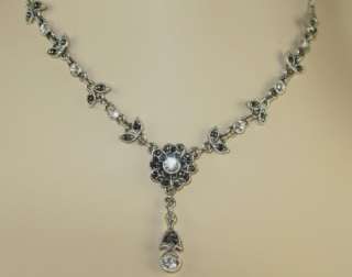 Estate .84ctw White Topaz & Marcasite 18 Inch Silver Floral Necklace 9 