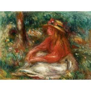 Oil Painting: Young Girl Seated on the Grass: Pierre Auguste Renoir Ha