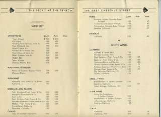 The Deck at the Seneca Hotel Wine List Chicago 1930s  