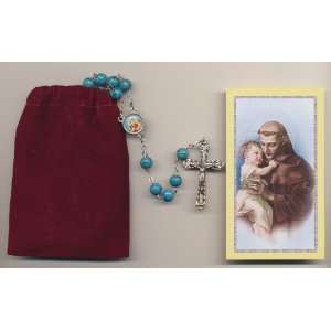  Saint Anthony Blue Relic Rosary, Holy Card, Velour Bag and 