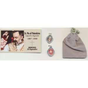  St Saint Padre Pio Relic Medal with Holy Card and Velour 