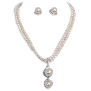 Double Cream Faux Pearl Strand With Faux Pearl Crystal Dangle Pendant 