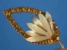   Vintage Amber Rhinestone Leaf Brooch Gold Tone Metal Pin Jewelry