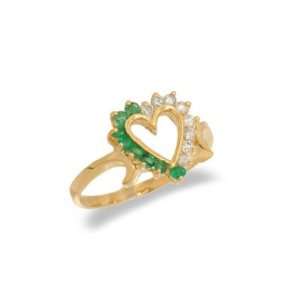  14K Yellow Gold Diamond and Emerald Heart Shaped Ring Size 